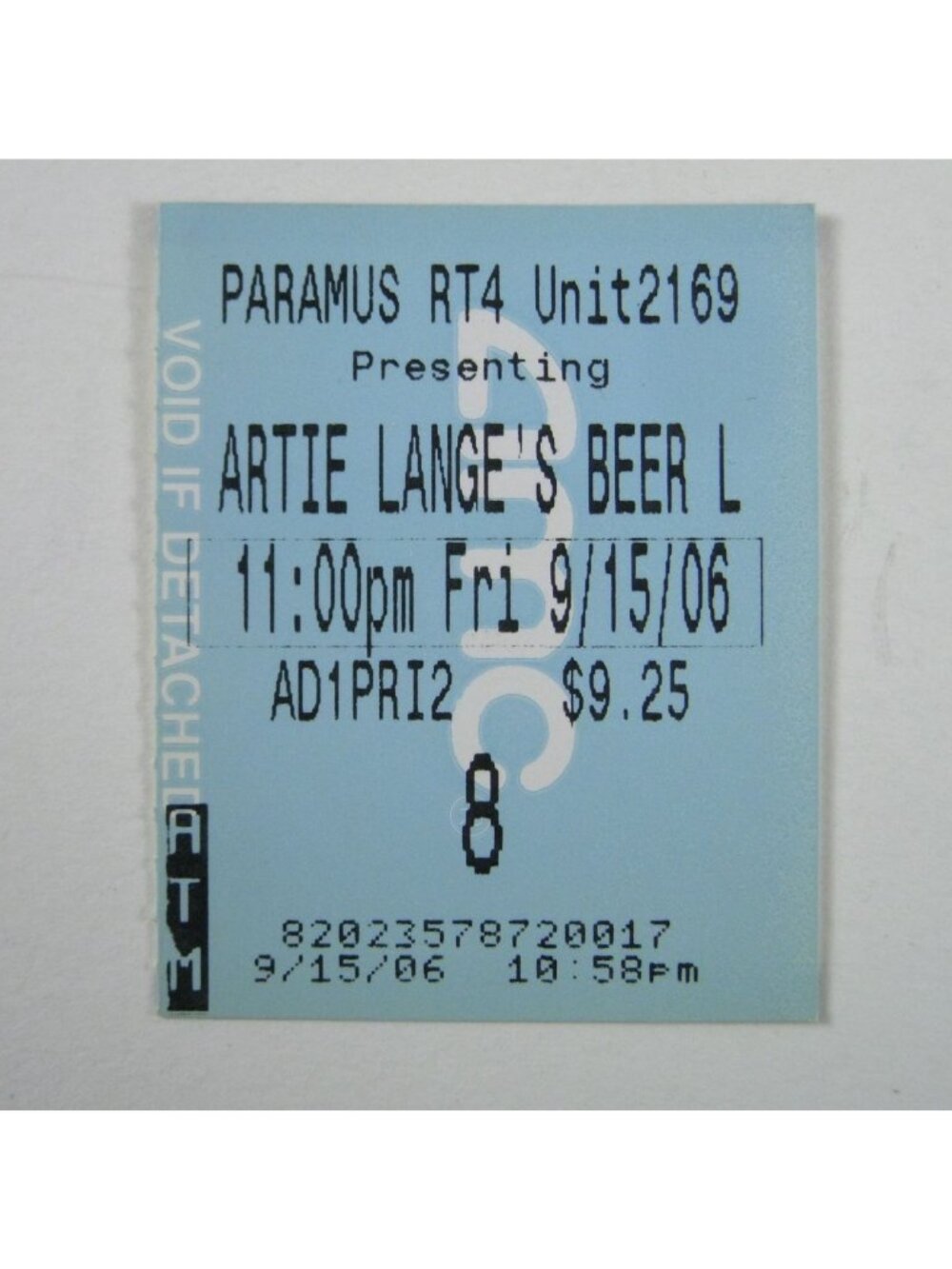 Artie Langes Beer L Show Ticket 9 15 2006 Blue Paramus Rt4 8